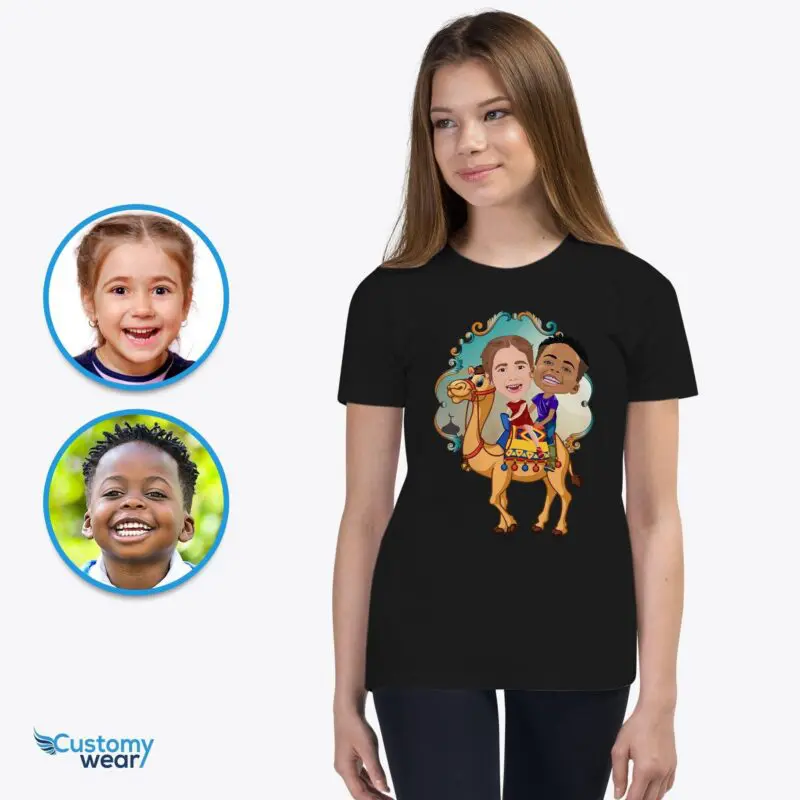 Custom Camel Rider Siblings T-Shirt | Personalized Youth Animal Adventure Tee Axtra - ALL vector shirts - male www.customywear.com