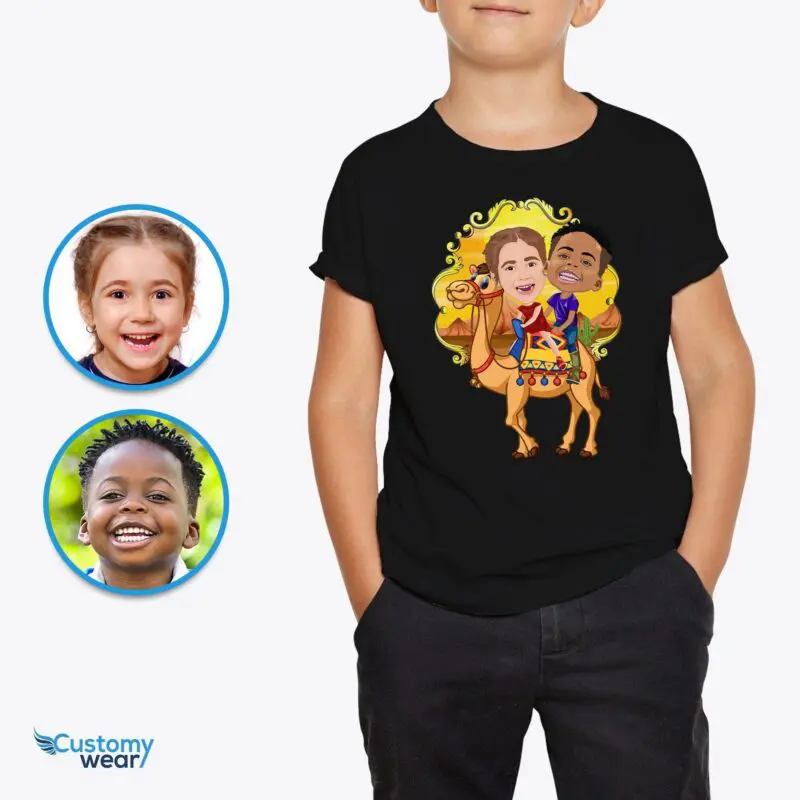 Custom Camel Rider Siblings Youth T-Shirt | Personalized Animal Adventure Tee Axtra - ALL vector shirts - male www.customywear.com
