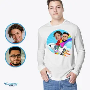 Embark on Fun Together – Personalized Rocket Couple Shirt – A Playful Rainbow Tee Axtra - ALL vector shirts - male www.customywear.com