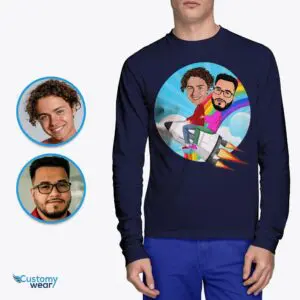 Embark on Fun Together – Personalized Rocket Couple Shirt – A Playful Rainbow Tee Axtra - ALL vector shirts - male www.customywear.com