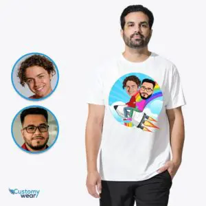 Embark on Fun Together – Personalized Rocket Couple Shirt – A Playful Rainbow Tee Axtra - ALL vector shirts - male www.customywear.com