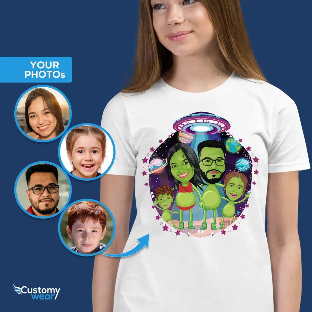 Personalized Youth Alien Family T-Shirt | Customized Spaceship Tee for Girls Alien shirts www.customywear.com