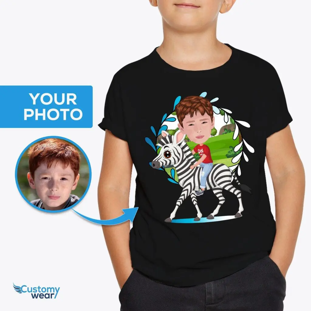 Personalized Youth Zebra Rider T-Shirt | Custom Photo Tee for Adventure Lovers Axtra - ALL vector shirts - male www.customywear.com