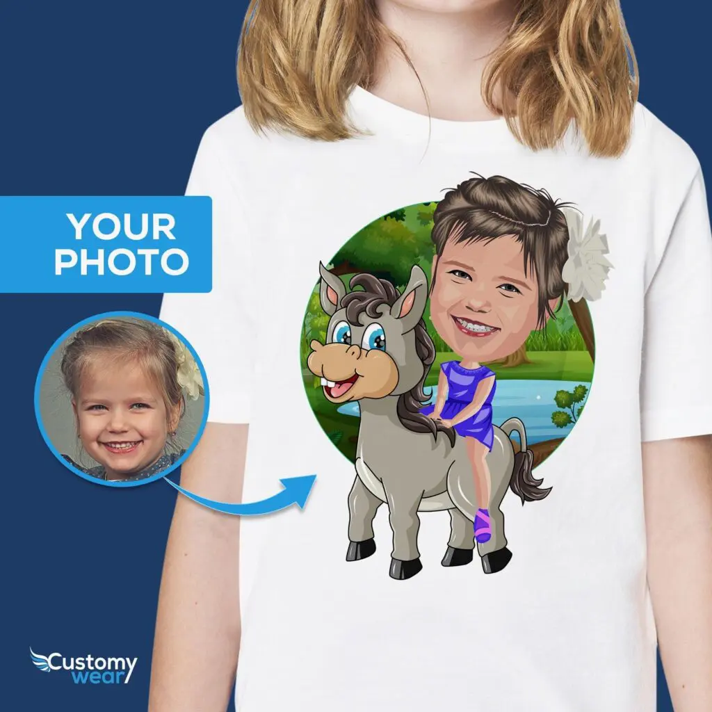 Custom Donkey Ride T-Shirt for Girls | Turn Your Photo into Personalized Cartoon Tee Animal Lovers www.customywear.com