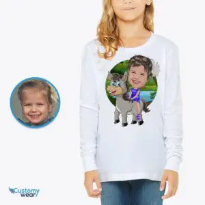 Custom Donkey Ride T-Shirt for Girls | Turn Your Photo into Personalized Cartoon Tee Animal Lovers www.customywear.com