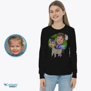 Custom Donkey Ride T-Shirt for Girls | Turn Your Photo into Personalized Cartoon Tee Animal Lovers www.customywear.com