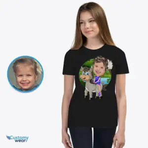 Custom Donkey Ride T-Shirt for Girls | Turn Your Photo into Personalized Cartoon Tee Animal Lovers www.customywear.com