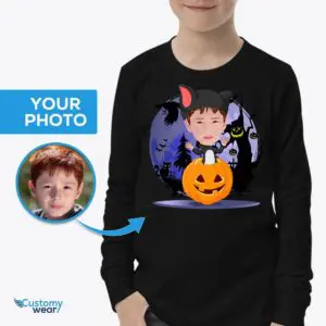 Custom Kitty Boy Pumpkin T-Shirt | Personalized Cat Costume Tee for Boys Axtra - ALL vector shirts - male www.customywear.com