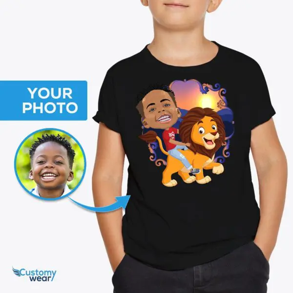 Custom Lion Riding Boy Shirt | Personalized Jungle King Adventure Tee Animal Lovers www.customywear.com