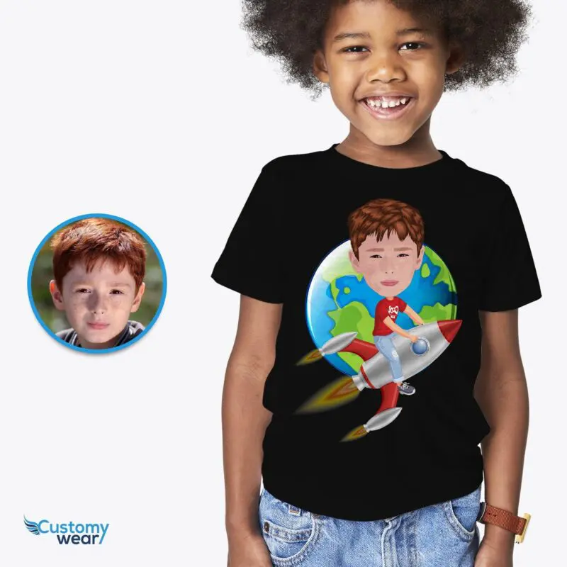Embark on an Adventure: Custom Rocket Riding Boy Shirt – Personalized Spaceship Alien Kids Tee Axtra - ALL vector shirts - male www.customywear.com