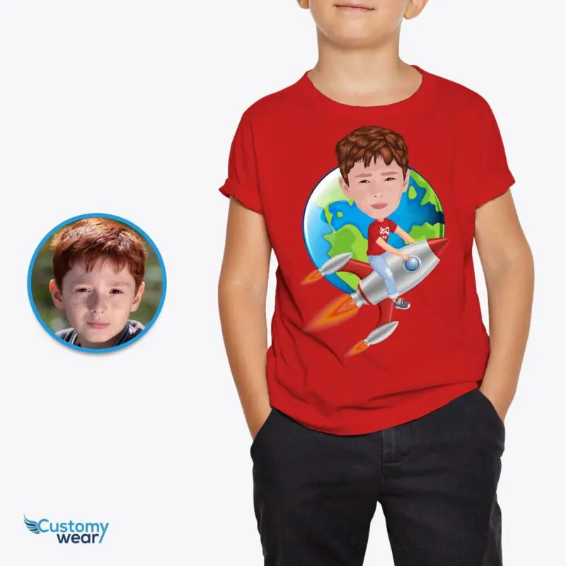 Embark on an Adventure: Custom Rocket Riding Boy Shirt – Personalized Spaceship Alien Kids Tee Axtra - ALL vector shirts - male www.customywear.com
