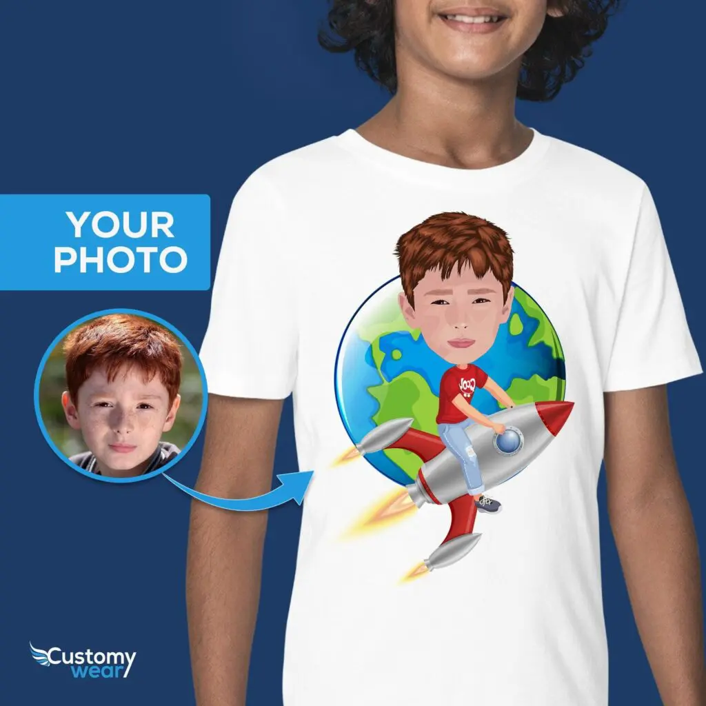 Embark on an Adventure: Custom Rocket Riding Boy Shirt – Personalized Spaceship Alien Kids Tee Axtra - ALL vector shirts - male www.customywear.com