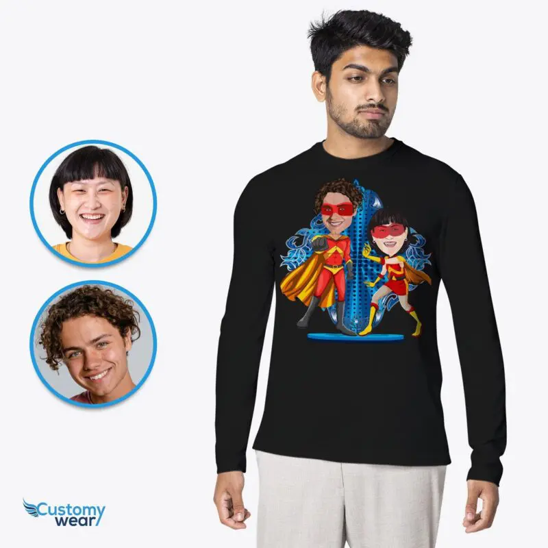 Personalized Superhero Couples Shirt – Unleash Your Super Love! Axtra - ALL vector shirts - male www.customywear.com