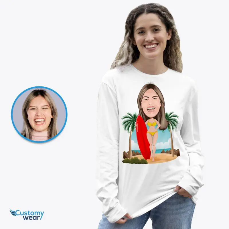 Personalized Woman with Surfboard Shirt | Custom Surf Lover Tee Adult shirts www.customywear.com