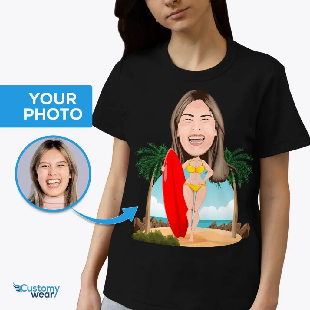 Personalized Woman with Surfboard Shirt | Custom Surf Lover Tee Adult shirts www.customywear.com