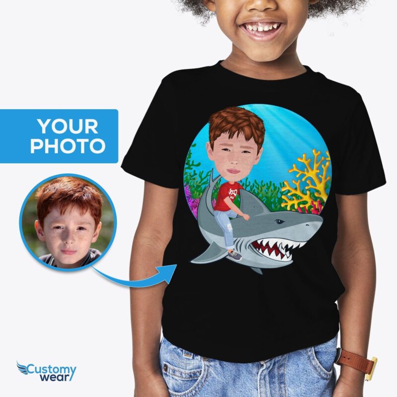 Custom Shark Rider T-Shirt – Personalized Photo Tee for Kids Boy's T-shirts www.customywear.com 5