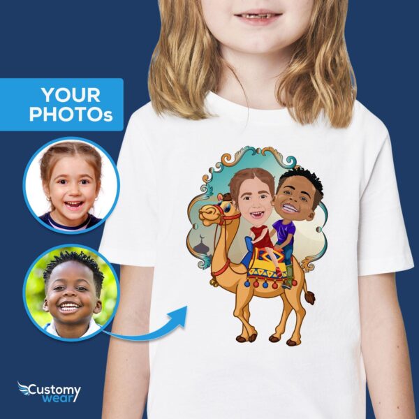 Custom Camel Rider Siblings T-Shirt | Personalized Youth Animal Adventure Tee Customizable Siblings T-shirts www.customywear.com 2