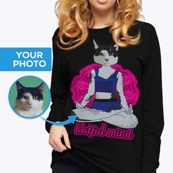 Personalized Yoga Cat T-Shirt – Transform Your Cat’s Photo into Custom Tee Customizable Women Long sleeves www.customywear.com