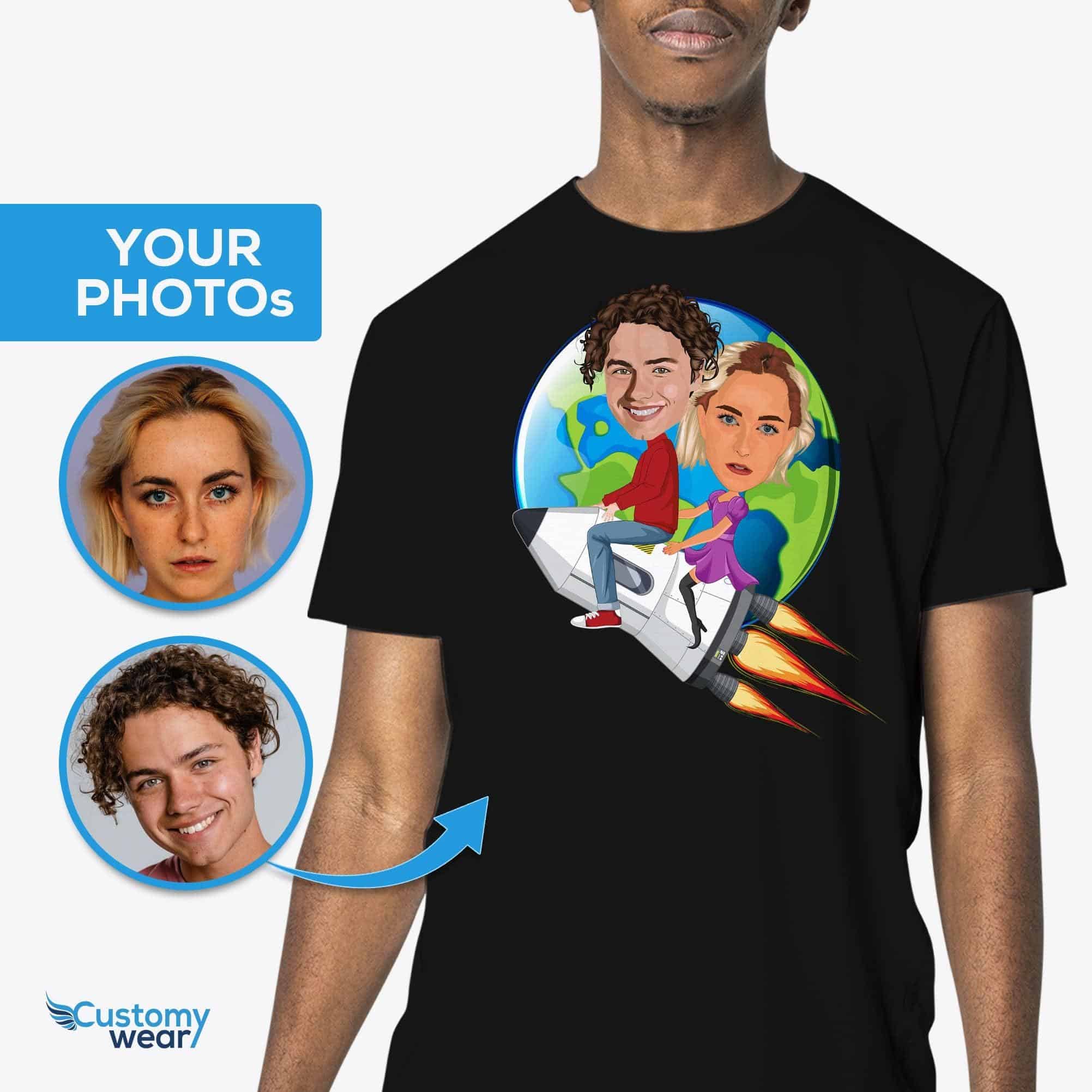 Embark on a Custom Rocket Ride - Personalized Couples' Adventure to an Alien Planet-Customywear-Adult shirts