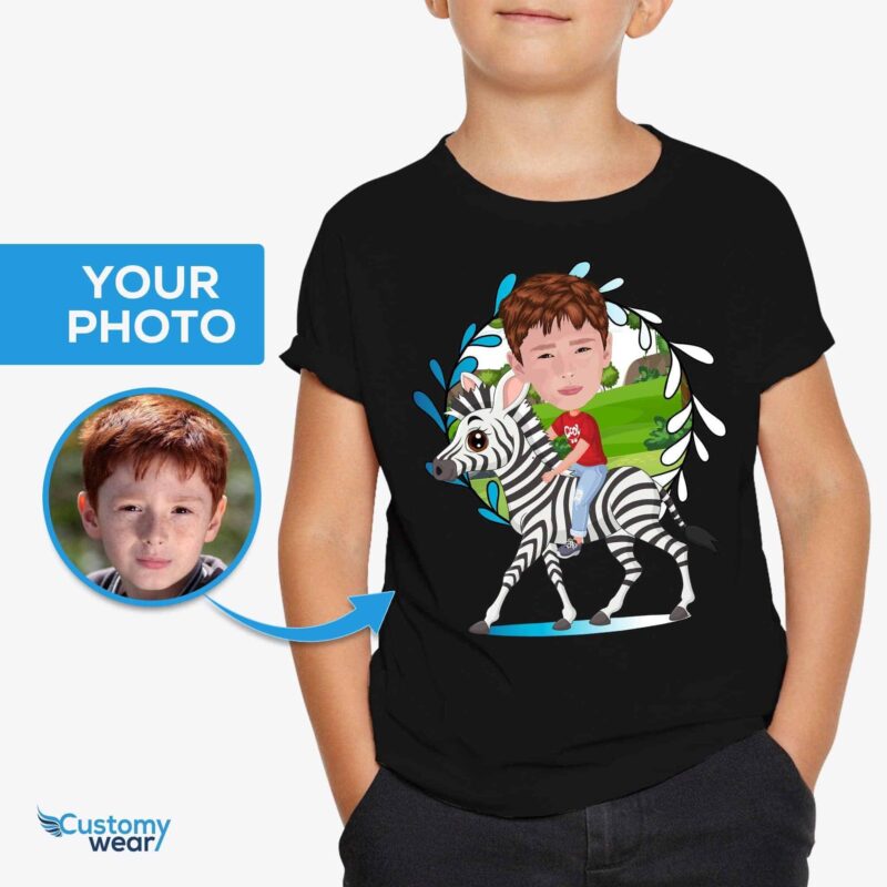 Personalized Youth Zebra Rider T-Shirt | Custom Photo Tee for Adventure Lovers Boy's T-shirts www.customywear.com 5