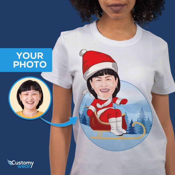 Get Ready to Sled into Fun with Our Sledding Santa Woman Shirt! Customizable Women short sleeves www.customywear.com